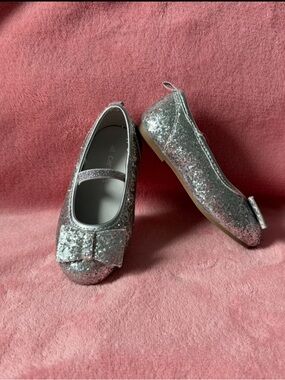 Girls Silver Glitter Flats with Bow
